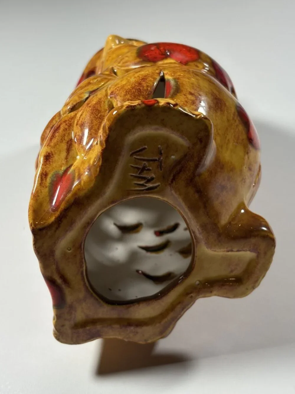 Vintage Ceramic Owl Tea Light Holder Handcrafted Red Brown Glazed Luminary 7" - Picture 6 of 10